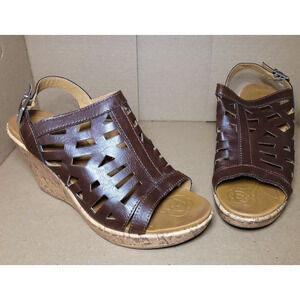 BOC Floral Flower Cork Wedge Leather Sandal Brown Women's Sz 9 M Wedge
